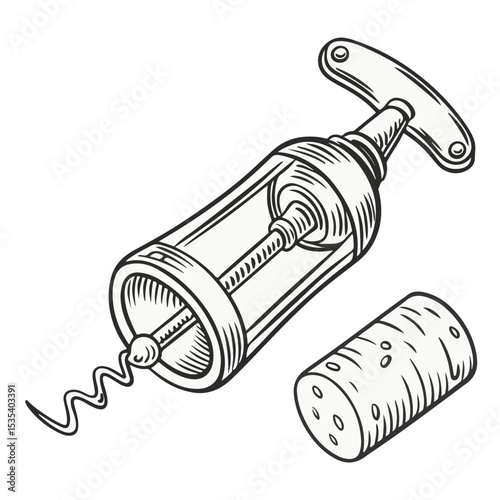 Vintage Corkscrew and Wine Cork Hand Drawn Vector Illustration