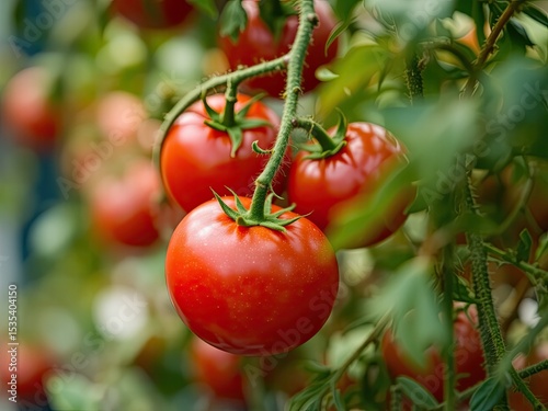 Red Tomatoes Growing on a Lush Vine