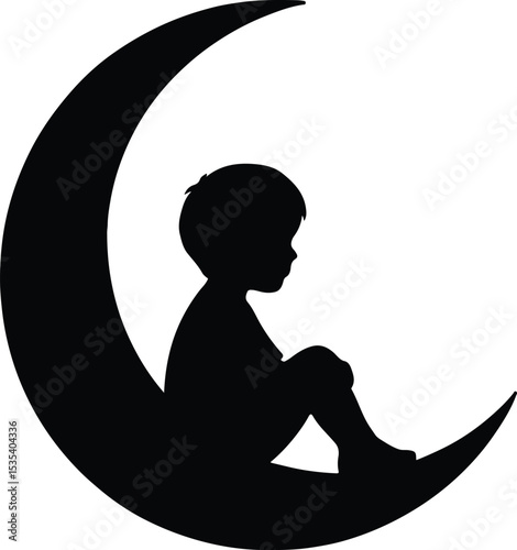 Silhouette Child sitting on moon dreamy night vector illustration