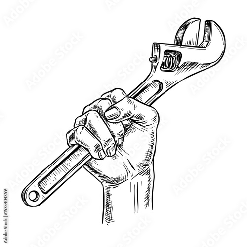 hand holding big wrench vector line art hand drawn illustration