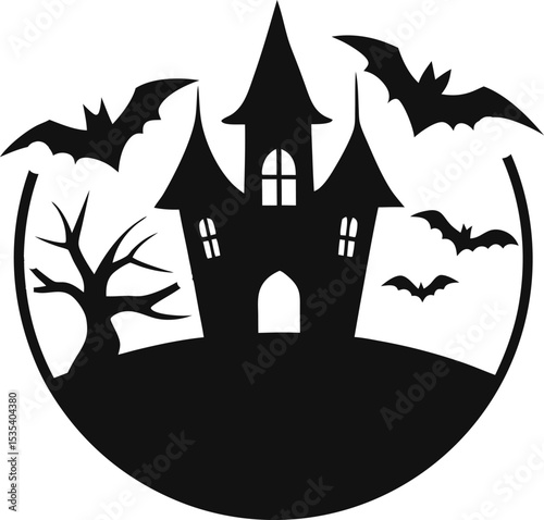Haunted Castle Silhouette with Bats and Trees vector silhouette