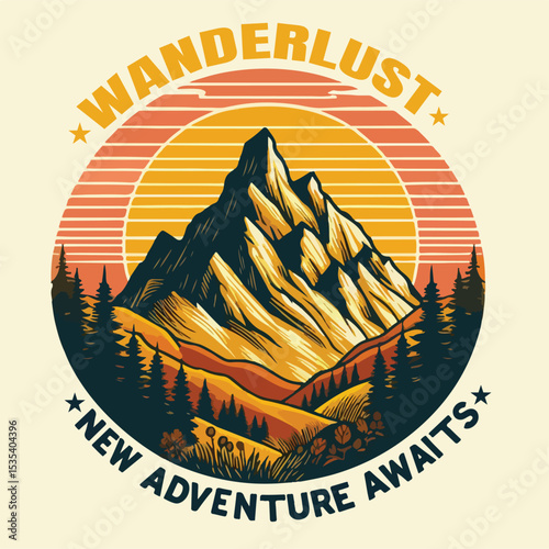 Wanderlust Yellows new adventure awaits, Adventure outdoors mountain graphic, sunset mountain art, hand drawn mountain illustration art, vintage retro hill artwork, autumn winter retro t-shirt design