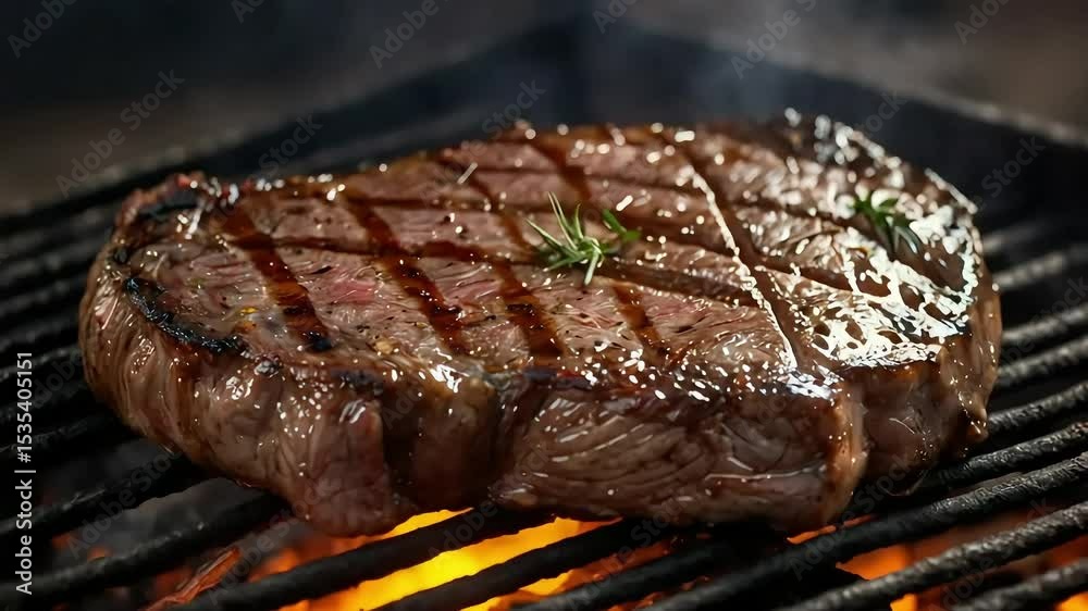 Close-up macro shot of a grilled ribeye steak with grill marks. Juicy, flavorful beef cooked to perfection, shown in 4K HD detail.