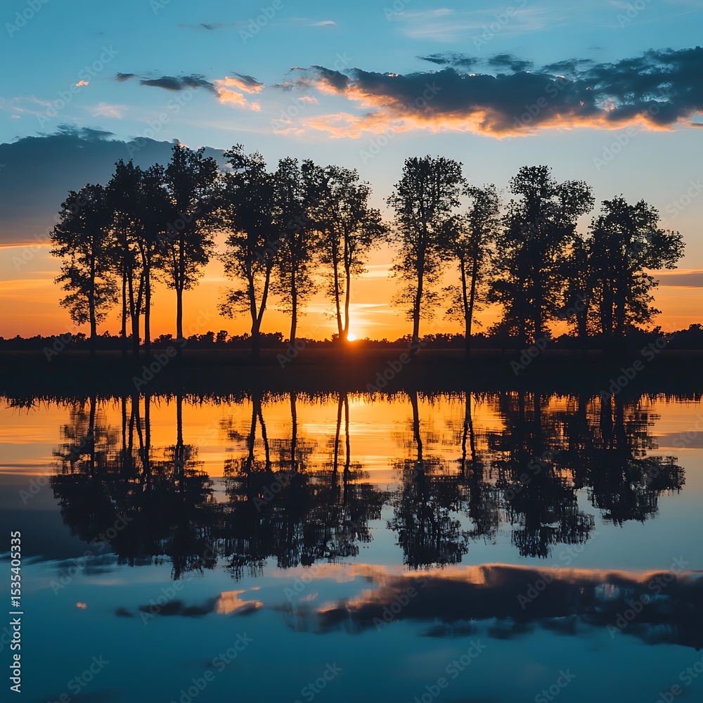 Fototapeta premium Reflective Sunset Landscape with Silhouetted Trees .