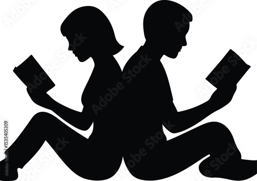Silhouette couple reading books back to back vector illustration