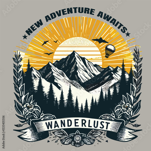 Wanderlust Yellows new adventure awaits, Adventure outdoors mountain graphic, sunset mountain art, hand drawn mountain illustration art, vintage retro hill artwork, autumn winter retro t-shirt design