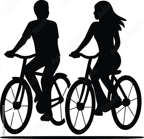 Silhouette couple riding bicycles together black and white vector illustration