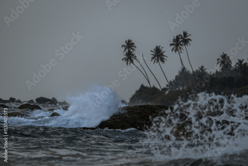 A powerful wave crashes onto a rocky shore with tall palm trees in the background, showcasing the dynamic forces of nature in a coastal scene.