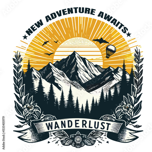 Wanderlust Yellows new adventure awaits, Adventure outdoors mountain graphic, sunset mountain art, hand drawn mountain illustration art, vintage retro hill artwork, autumn winter retro t-shirt design
