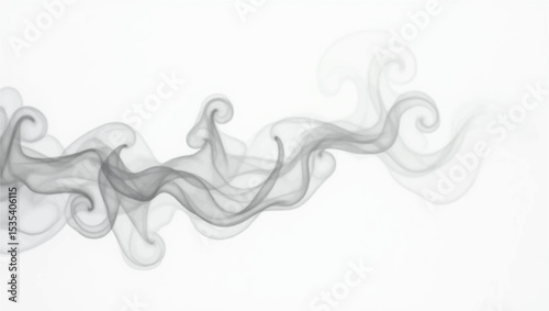 Create a minimalist abstract composition featuring a horizontal trail of soft, wispy black smoke on a clean white background. The smoke should have gentle curves and varying opacity,