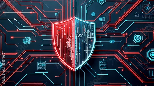 Digital cybersecurity shield icon over red and blue circuit board background with futuristic tech elements