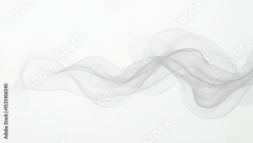 Create a minimalist abstract composition featuring a horizontal trail of soft, wispy black smoke on a clean white background. The smoke should have gentle curves and varying opacity,