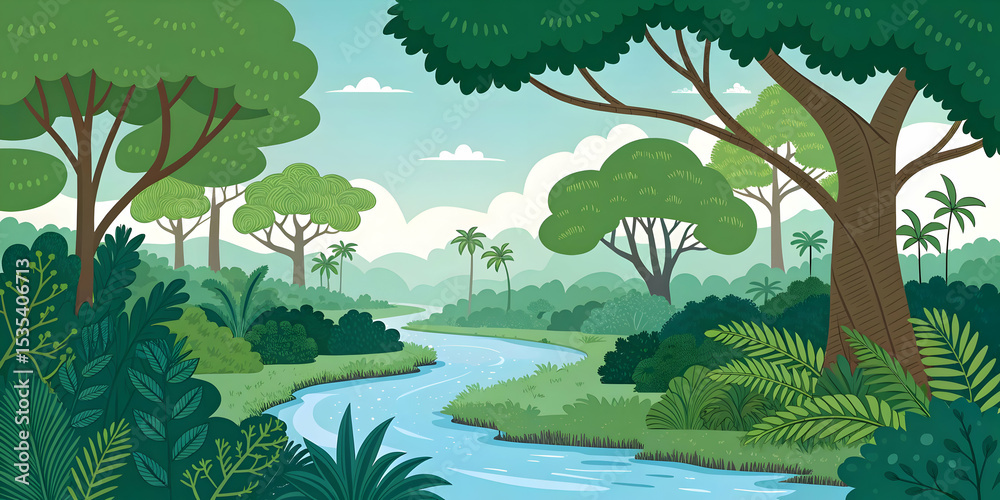 Obraz premium “Landscape Nature Forest Illustration | Scenic Mountain View, Green Trees, Outdoor Wilderness Vector Design”