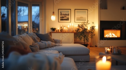 Modern decor and soft lighting in the chic living room create a cozy and inviting space, perfect for enjoying a quiet evening at home.