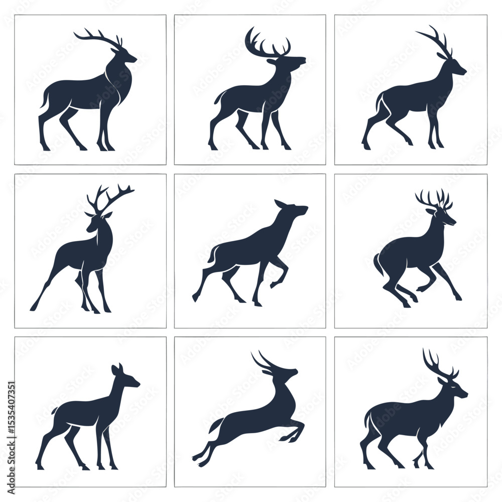 Fototapeta premium Stylized Deer Silhouettes in Various Poses for Creative Projects