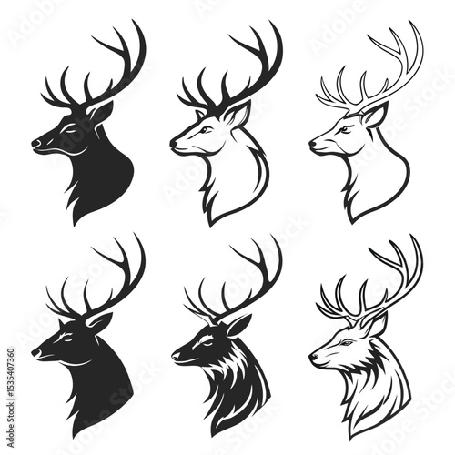 Collection of stylized deer head silhouettes in different styles and outlines for design projects