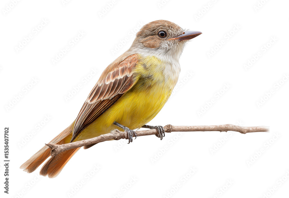Fototapeta premium Tropical flycatcher perched on branch displaying vibrant plumage