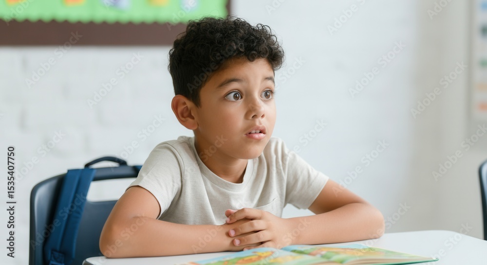 Fototapeta premium Curious young boy with dark curly hair listening intently in classroom with book
