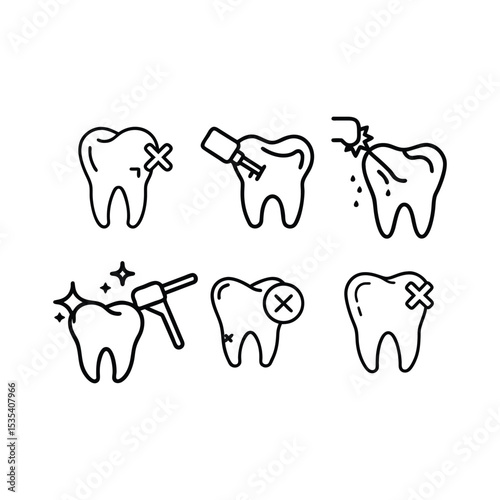 Vector art of dental care and treatment icons isolated on white background