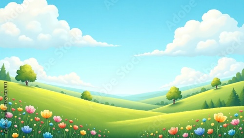 Colorful hills under a bright sky.