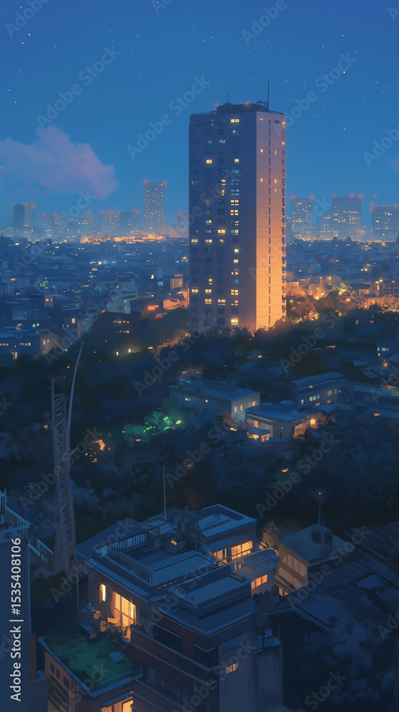 Fototapeta premium 夏の夜、都市の高層ビルと光のラインが横たわる街並みに打ち上げ花火が咲き乱れ、幻想的なパノラマが広がる情景