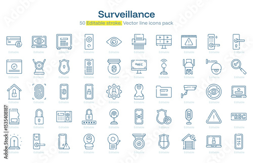 Surveillance line icon pack. Surveillance Stroke icon set. Editable Stroke icon
