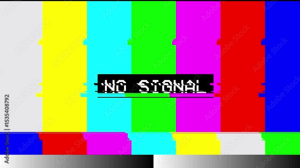 Animation tv static color noise glitch error video with no signal text .damage bad interference 