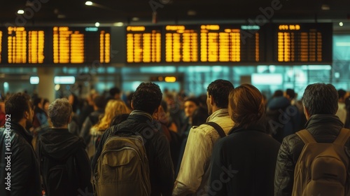 The anticipation is palpable as passengers wait for their international flights in a crowded departure terminal, looking up at the flight boards.