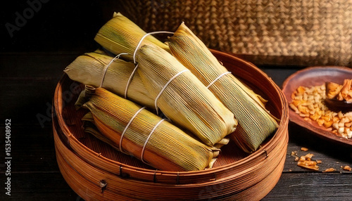 Handmade Mexican tamales wrapped in corn husks, placed in wooden steamer, showcasing ancestral cooking method that evokes tradition and warmth