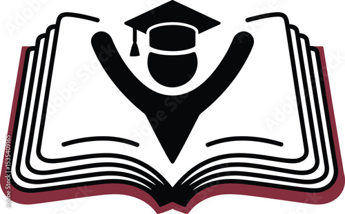 "A vibrant illustration of an open book with a graduation cap and a joyful figure, symbolizing academic achievement and education. This graphic is ideal for use in educational materials, branding, and
