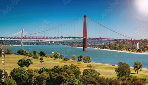 Stunning view of large red suspension bridge spanning river, surrounded by lush green trees and clear blue sky. scene captures beauty of nature