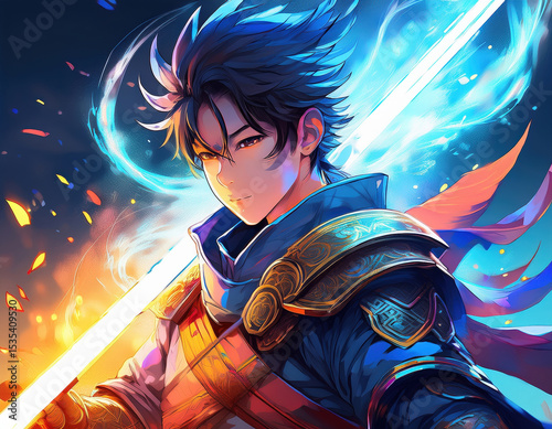 Fantasy warrior with glowing blade stands confidently, surrounded by vibrant energy and colorful effects, embodying strength and determination