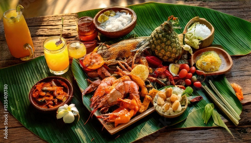Vibrant Filipino boodle fight setup featuring grilled seafood, tropical fruits, and colorful drinks arranged banana leaves, creating festive photo
