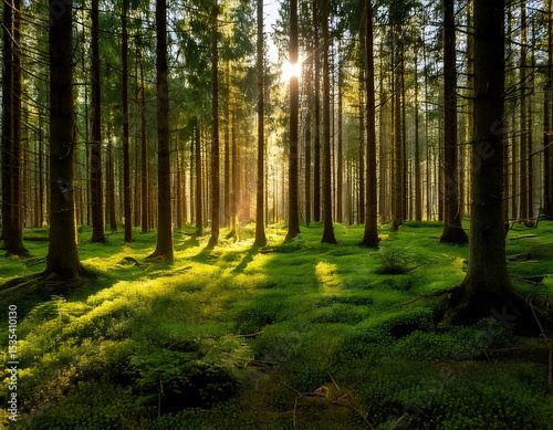 Serene forest scene with tall evergreen trees bathed soft sunlight, creating tranquil atmosphere filled with vibrant greenery and natural beauty