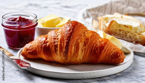 Freshly baked croissant served with artisanal butter and jam on marble table, creating delightful breakfast experience