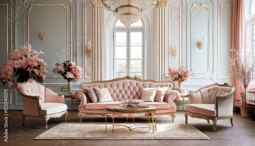 Luxurious French style living room featuring ornate furniture, soft pastel colors, and elegant decor, creating romantic atmosphere