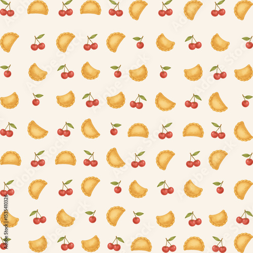 Seamless watercolor pattern with cherry dumplings and cherries