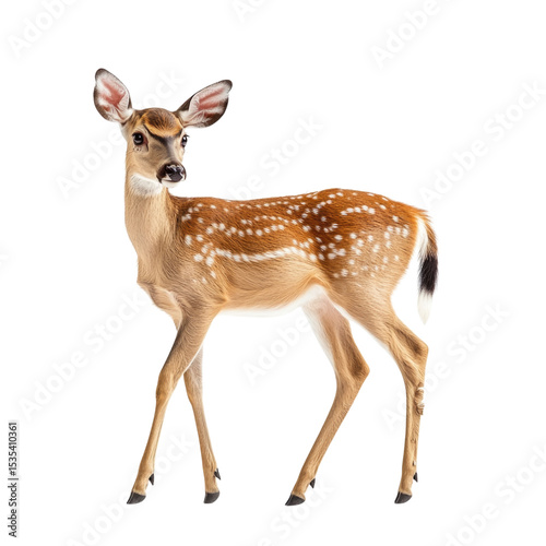 Young deer standing gracefully with elegant posture, isolated on transparent background, cutout PNG