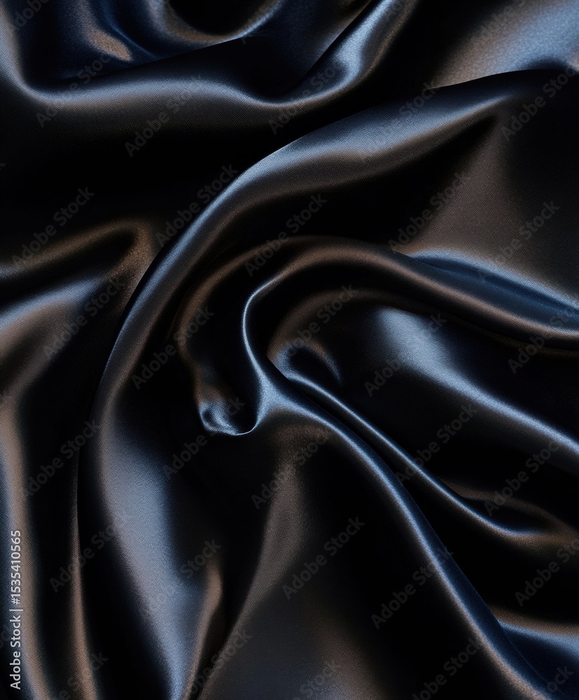 Fototapeta premium A Deep Dive Into the Luxurious Elegance of Shimmering Black Satin Fabric, Showcasing Its Lush Textures and Smooth Finish Intertwined in an Artistic Composition