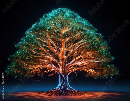 Vibrant tree with glowing branches and roots, showcasing fusion of bioenergy and vitality, radiates futuristic essence