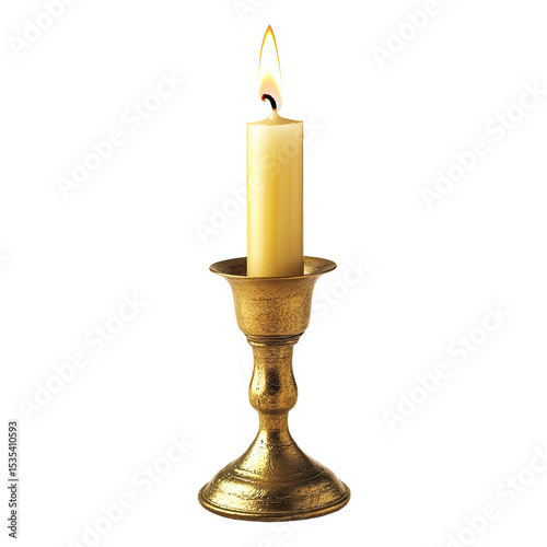 A single, lit candle in a brass candlestick.  Warm yellow flame ascends from the top of a pale yellow candle, resting within a small, golden, brass candlestick.  Dark background isolates the item