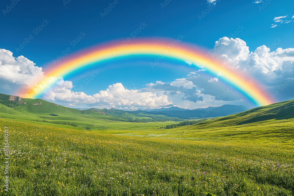 Rainbow shining over green field. Rainbow shining over green field.