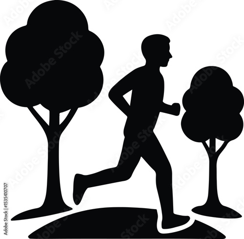 Silhouette man jogging in park black and white vector illustration