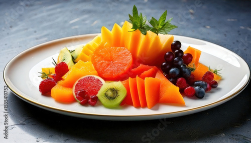 Fresh fruit platter with vibrant colors, featuring sliced melons, berries, and citrus arranged beautifully on white plate