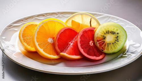 Freshly sliced citrus fruits arranged beautifully on white plate, showcasing vibrant colors and textures, perfect for fine dining presentation