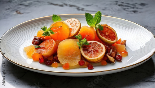 Fresh fruit salad featuring vibrant citrus slices, garnished with mint leaves, served on elegant white plate, creating delightful presentation