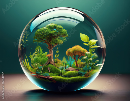 Glass sphere containing miniature ecosystem with vibrant plants, trees, and lush greenery symbolizes sustainability and environmental science