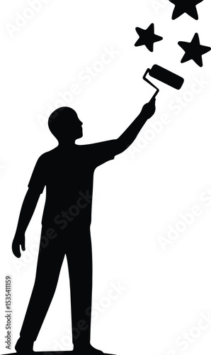 Silhouette man painting stars with roller flat design vector illustration