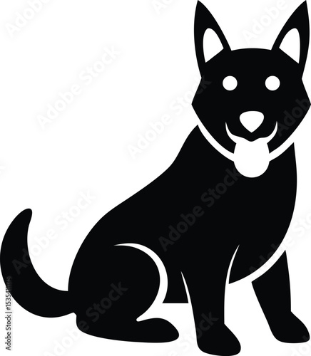 Black and white stylized illustration of a happy dog sitting patiently ready for a treat