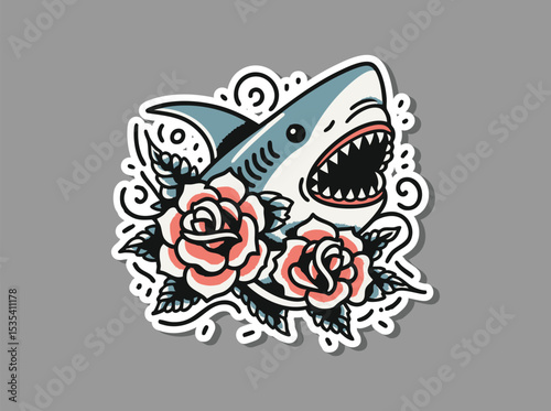 Retro Shark Tattoo with Vibrant Flowers